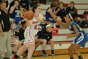 Senior guard Angela MacLeod totaled 13 points on the night to help lead the Red Raiders to a 61-50 win over Wareham Friday night, seen here being guarded by the Vikings' Kali Fernandes. Sean Walsh/CCBM Sports