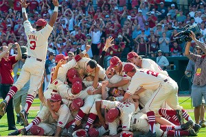 Falmouth Commodores' Andrew Benitendi had a breakout season for the Arkansas Razorbacks who captured a trip to the College World Series Sunday. Bentiendi was drafted by the Boston Red Sox yesterday with the 7th overall pick in the first round. Walt Beazley Photo/Courtesy Arkansas Athletics