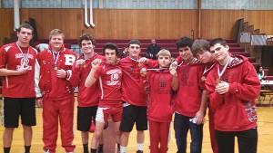 Barnstable High School's wrestling team finished in 4th place Sunday afternoon at the Weymouth Invitiational, highlighted by Charlie McWilliams and Owne Murray taking home first place medals and Donnie Mach with a silver medal in the 220-lb. division. Photo courtesy of Dan Connor