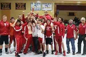 The Barnstable High School wrestling team went 3-1 Saturday afternoon at Bristol County Aggie, defeating Wakefield 39-36 for the tournament title. Photo Courtesy of Dan Connor