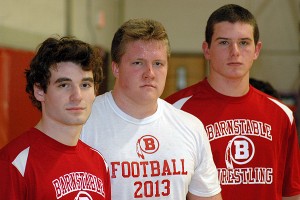 Barnstable High School wrestling captains Charlie McWilliams, Owen Murray and Donnie Mach went a combined 8-1 in Saturday's 2015 Panther Invitational. McWilliams and Murray (left to right) were both crowned tournament champions. Sean Walsh/capecod.com sports