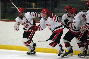 Barnstable's Donnie Brodd and Matt Kaski erupt after Brodd fed Kaski for a 3rd period goal that sealed the win over Catholic Memorial Sunday afternoon - a program first. Sean Walsh/capecod.com sports