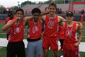 Barnstable's winning 4x400m relay team, comprised of Lucas Lanzo, Devon Harris, Chris Lovett and Ryan Chevalier. Photo courtesy of MIke Merrill