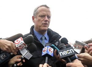 Mass. Gov. Charlie Baker speaks to members of the media, Wednesday, May 4, 2016, in Boston. Baker reiterated that he will not vote for Donald Trump in November and told reporters that he now believes Trump will be his party's nominee after Trump won Tuesday's Indiana primary. (AP Photo/Elise Amendola)