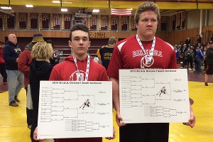 Barnstable High School's Casey Connor (126) and Owen Murray (285) captured Division 1 South Sectional Championship titles yesterday at Weymouth. For Murray, he became the first wrestler in Red Raider history to win three sectional titles. Photo courtesy of Dan Connor