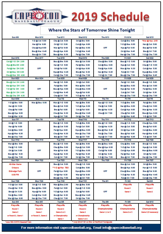 2019 Cape Cod Baseball League Schedule