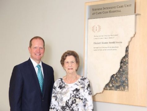 CCHC President and CEO Michael K. Lauf, and Mrs. Stevens’ sister, Judith Palmer of Harwich Port, next to the naming plaque in the Cape Cod Hospital Intensive Care Unit.