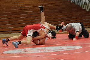Barnstable High School's Casey Connor pins New Bedford's Anthony Guerrero in yesterday's 53-21 Red Raider victory. Photo courtesy of Dan Connor