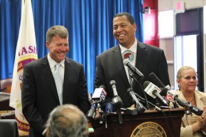 Taunton Mayor Thomas Hoye and Mashpee Wampanoag Tribal Chairman Cedric Cromwell gather at Taunton City Hall Monday to discuss plans for a destination resort casino in the city