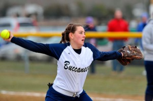 Massachusetts Maritime Academy pitcher Cassidy Nice could not solve the tough Worcester State bats Sunday in a season-opening double-header. Photo courtesy of MMA Athletics