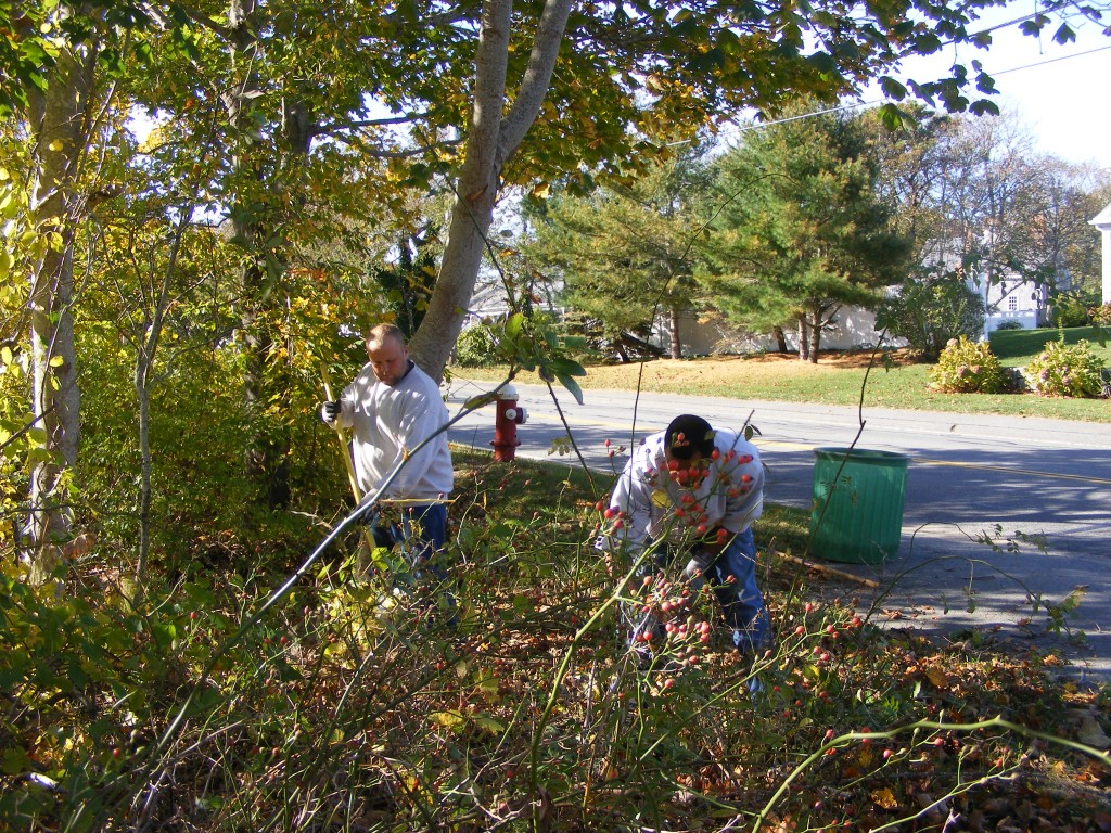 That’s inmates Jason Frazier (left) and Eric Finnerty cutting and trimming some of the overgrowth where the drama guild fronts onto Crowell Road