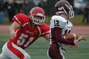 Barnstable senior co-captain Colton Bergal received the Raymond E. Hostetter Jr. Memorial Award last night after leading the Red Raiders with 109 tackles this season. Photo by Sean Walsh/CCBM Sports