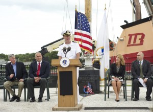 CCB MEDIA PHOTO Incoming MMA President Admiral Richard Gurnon speaks about a state grant the school received at a ceremony Friday.