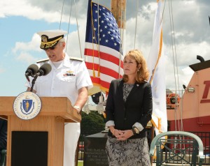 CCB MEDIA PHOTO Outgoing MMA President Admiral Richard Gurnon and Lt. Governor Karyn Polito divvy environmental grants from the state at a ceremony in Buzzard's Bay Friday