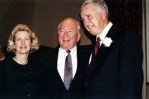 SEAN WALSH/CCB MEDIA PHOTO Cape League president and commissioner Dick Sullivan, seen here at the inaugural Cape League Hall of Fame induction Ceremony at the Chatham Bars Inn in 2000 with Cape League President Judy Walden Scarafile and the late Fred Ebbett.