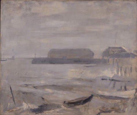 Edwin Dickinson's “Provincetown Harbor, Railroad Wharf in the Rain.” 