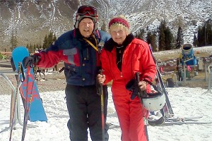 Osterville's Doris Ferry, seen here in Colorado skiing with her husband of 60 years Bob Ferry, will compete next week in the National Senior Games in Minnesota for a national title in both tennis and the triple jump. She will turn 80 next week. Photo courtesy of Doris Ferry