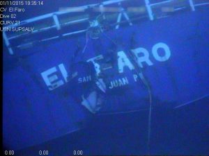 This undated image made from a video and released Tuesday, April 26, 2016, by the National Transportation Safety Board shows the stern of the sunken ship El Faro. The NTSB announced that the data recorder was located northeast of Acklins and Crooked Islands, Bahamas. El Faro, a 790-foot freighter, sank last October after getting caught in Hurricane Joaquin. The data recorder is capable of recording conversations and sounds on the El Faro's bridge, which may help investigators better understand the final moments of the ship's final journey. (National Transportation Safety Board via AP)