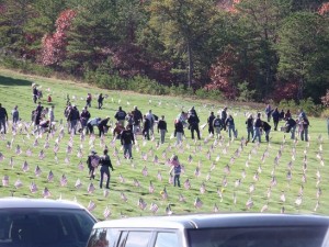 Volunteers placing flags at the Massachusetts National Cemetery.