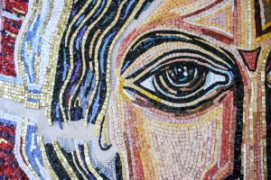 COURTESY CHURCH OF THE TRANSFIGURATION Close-up of the mosaic depicting the face of Christ.