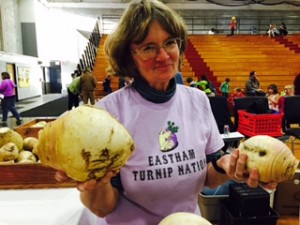 Connie Wells of Redberry Farm shows off her Eastham Turnips.