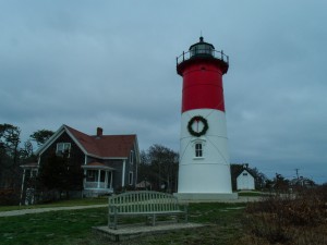Nauset Light is decorated for the holidays