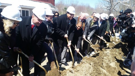 CCB MEDIA PHOTO: Mashpee Wampanoag Tribal Chairman Cedric Cromwell, joined by tribal members and Taunton city officials, breaks ground for a casino resort Tuesday.
