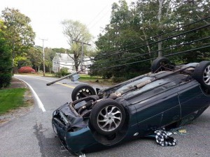 A 1996 Toyota Camry involved in the accident that snapped a utility pole on Chatham Road in Harwich Tuesday, October 7. Photo courtesy of Harwich Police Department Patrolman Aram Goshgarian.