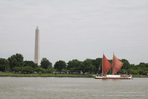 Hokule'a arriving in DC on May 18. Courtesy of Polynesian Voyaging Society and Oiwi TV. Photo credit: Na'alehu Anthony.