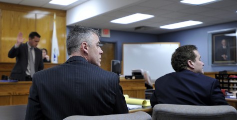 COURT POOL PHOTO Mashpee Superintendent Brian Hyde, left, and his attorney Drew Segadelli during the moring session of the first day of Hyde's trial at Falmouth District Court on Tuesday. 