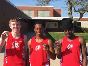 Barnstable High School's Chris Fawcett, Malique Dickerson-Pells and WIllie Brown took home the gold yesterday at the MSTCA Div. 1 Spring Track & Field relays in the long jump. Photo courtesy of Mike Merrill