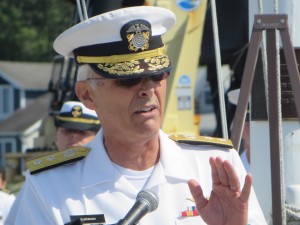 CCB MEDIA PHOTO Admiral Richard Gurnon speaks during the change of command Monday in Buzzards Bay