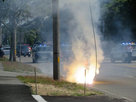 CCB MEDIA PHOTO: A power line caught on fire on Route 134 in Dennis Tuesday afternoon after a transformer exploded