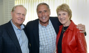Jack and Barbara Nicklaus were recognized as the recipients of Willowbend Country Club's 2014 honoree accolades for their philanthropic activities.  Boston sports broadcast personality Bob Lobel (center) emceed a 'fireside chat'  with the couple.  Staff Photo by Arthur Pollock