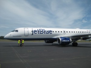 CCB MEDIA PHOTO After arriving in Hyannis for the first time this summer, a JetBlue plane gets ready to depart for JFK airport in New York.