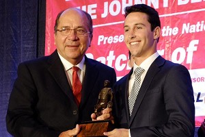 Former Cotuit Kettleer Garrett Stubbs was named the 2015 National Collegiate Catcher of the Year as the recipient of the Johnny Bench Award, seen here with Hall of Famer Johnny Bench.