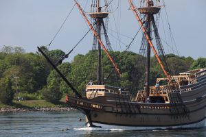 CCB MEDIA PHOTO: The Mayflower II travels through the Cape Cod Canal Monday on its way to Plymouth