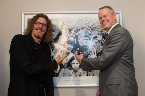 Gov Charlie Baker and Ernie Boch Jr. with the photo of the then 19-year-old governor. (Photo by Rebecca Carr)