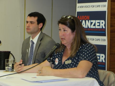 CCB MEDIA PHOTO: Democrats Aaron Kanzer (l) and Margeaux Weber (r) debate Monday night in Hyannis