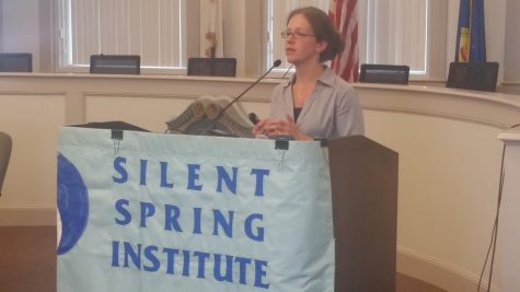 CCB MEDIA PHOTO: Dr. Laurel Schaider with the Silent Spring Institute updates the public on 2 new studies Thursday at Barnstable Town Hall