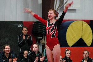 Barnstable High School sophomore Lauren Hansen captured the all-around in Friday night's victory over Medfield/Ashland/Dover-Sherborn. The Red Raiders are a perfect 10-0 thus far this season. Sean Walsh/capecod.com sports