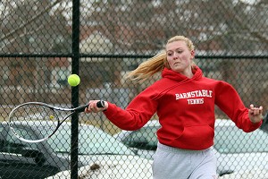 Barnstable High School's Lauren Persson took a tough, 10-8 loss in a 10-point tiebreaker against Martha's Vineyard's Samantha Potter in number one singles yesterday as the Red Raiders fell 3-2 in a stunning loss. Barnstable has not fallen on opening day in girls' varsity tennis since 2005. Phil Garceau Photo for Capecod.com Sports