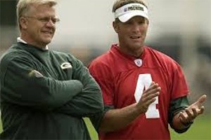 Former Green Bay Packers' head coach Mike Sherman, seen here with Brett Favre, will host a high school football camp starting next week at Nauset Regional High School. Sherman was hired to take the Warriors' football helm on Saturday. Photo courtesy Mike Sherman QB/Receiver OTA 2015