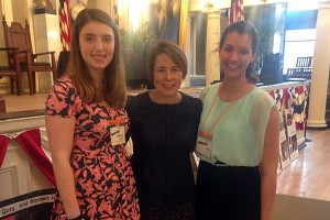 Massachusetts Attorney General Maura Helaey was the keynote speaker at this morning's National Girls & Women in Sports Day, pictured here with SUtton Memorial High's Molly Brogie and Wellesley High's Catherine McNamara. Photo courtesy of Naomi Martin/Lexington High School