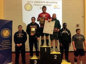 KING OF THE MOUNTAIN - Barnstable High's Owen Murray was crowned the heavyweight champion of New England yesterday, completing a perfect 38-0 season. he is the first New England wrestling champion in school history. Photo courtesy of Kristin Murray