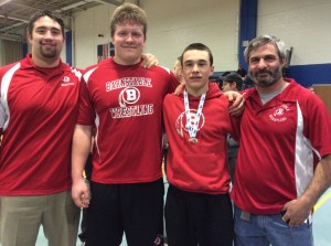 Barnstable High School's Owen Murray, seen here earlier this season with BHS coaches Kyle Cocozza Jr. and Mark Barrett and teammate Casey Connor, will vie for the school's first-ever New England title today at North Attleboro High School. Photo courtesy of Dan Connor