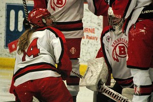 Barnstable captain Nicole Deroiser (14) tells her goalie Olivia Sollows "good job" after another fine save. Sean Walsh/www.capecod.com sports