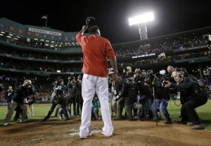 Boston Red Sox's David Ortiz stands on the mound at Fenway Park after Game 3 of baseball's American League Division Series against the Cleveland Indians, Monday, Oct. 10, 2016, in Boston. The Indians won 4-3 to sweep the Red Sox in the series. Ortiz said he will retire at the end of the season. (AP Photo/Charles Krupa)