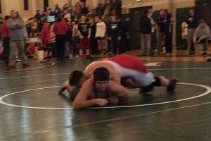 Barnstable High School's Owen Murray pins Duxbury's Matt Boyle en route to the heavyweight championship title bout today at Marshfield. Murray was crowned champion. Photo courtesy of Dan Connor