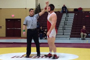 Barnstable High's Owen Murray - the state's top-ranked heavyweight wrestler - remained unbeaten yesterday against BC High and Lowell. Photo courtesy of Dan Connor